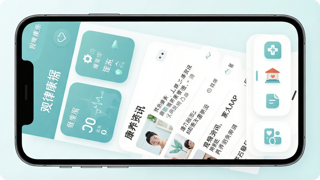 一幅展示观律康养APP核心功能的手机界面概念图,主体是一部智能手机居中放置,屏幕内呈现观律康养APP首页界面,包含健康数据卡片、康养资讯列表和功能图标,布局采用上下结构,排版清晰有序,风格为现代简约扁平化设计,细节上使用柔和的蓝绿色调,图标圆润精致,画质高清,画面干净,无多余元素