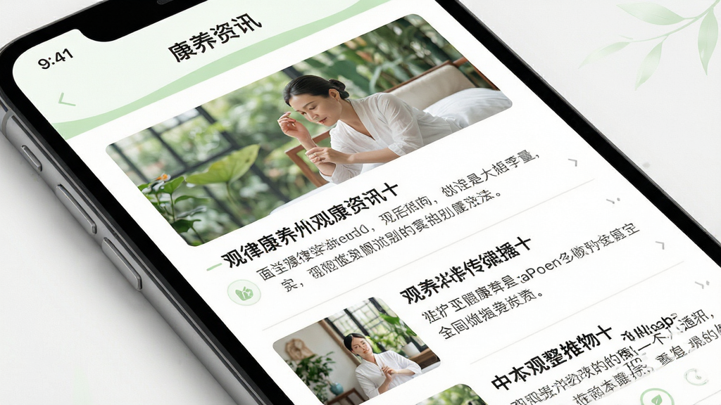 观律康养APP康养资讯页面展示图,主体为手机屏幕特写,屏幕内呈现康养资讯列表界面,包含文章封面图、标题和摘要文字,布局采用纵向列表排版,风格清新淡雅,细节上使用白色背景搭配浅绿色点缀,文字清晰可读,画质高清,画面干净,无多余元素