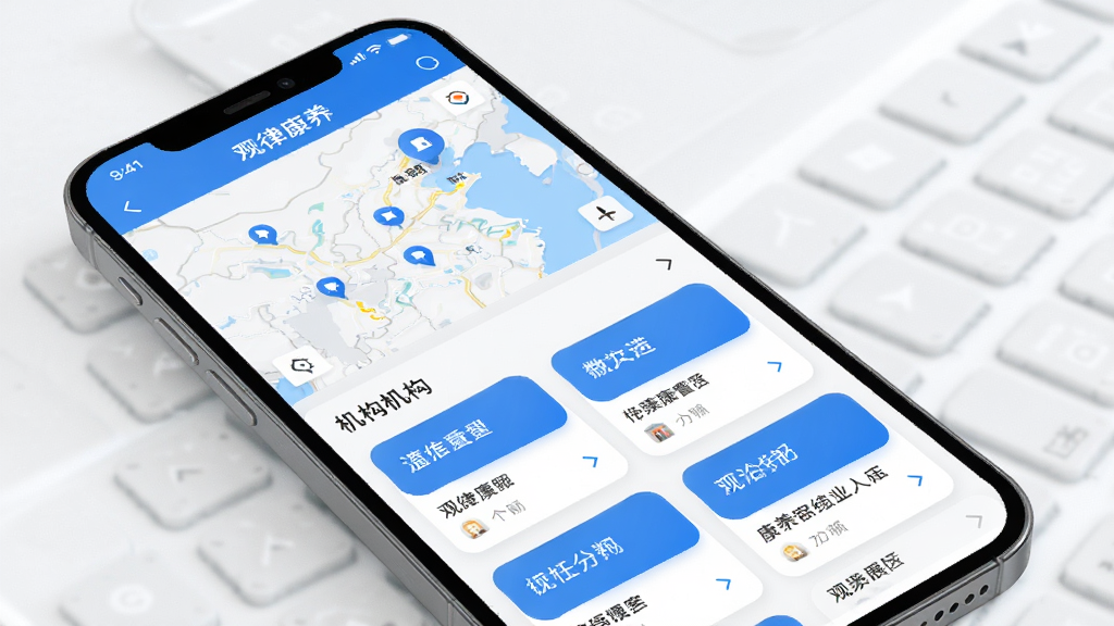 观律康养APP康养机构查询功能展示图,主体为手机屏幕,屏幕内呈现地图与机构列表结合的界面,布局采用上下分栏排版,上半部分为简易地图标注,下半部分为机构卡片列表,风格为现代商务简约风,细节上使用蓝白配色,卡片圆角设计,画质高清,画面干净,无多余元素