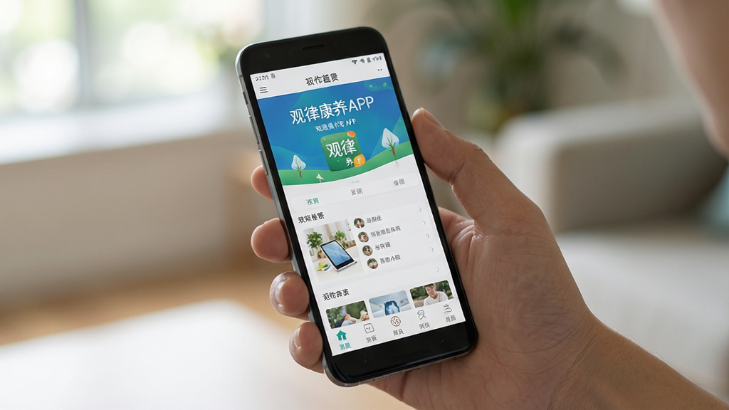 观律康养APP在安卓手机上的操作演示图,主体为手持手机展示应用界面的场景,布局采用人物手部与手机屏幕的近距离特写,排版突出屏幕内容,风格为真实生活场景摄影风,细节上手机屏幕显示观律康养首页,背景虚化处理,画质高清,画面干净,无多余元素