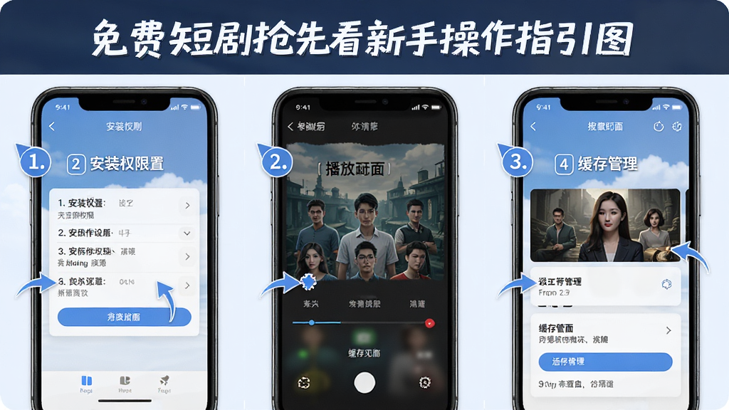 免费短剧抢先看新手操作指引图,画面为手机屏幕截图合集,包含安装权限设置、播放界面、缓存管理三个分屏,风格为教程图解式,细节包括步骤序号、箭头指示、文字标注,画质高清,干净无多余元素