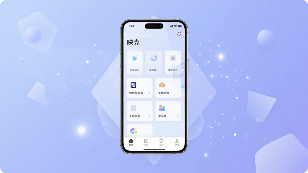 软件名称“映壳”主视觉展示,画面中央放置一部智能手机,手机屏幕显示“映壳”应用主界面,界面采用浅色简洁设计,包含底部导航栏和卡片式功能入口。背景为柔和渐变蓝紫色调,四周点缀轻量几何图形与光影粒子。整体风格现代、干净、科技感适中,排版居中对称,画质清晰,无多余元素。