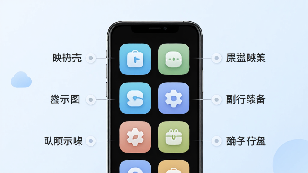 软件名称“映壳”功能模块示意图,画面中央为手机屏幕,屏幕中展示多个功能图标以网格形式排列,图标风格统一为圆角矩形,配色清新。周围环绕简洁的文字标签,背景为淡蓝色渐变,整体排版规整,画质清晰,干净利落。