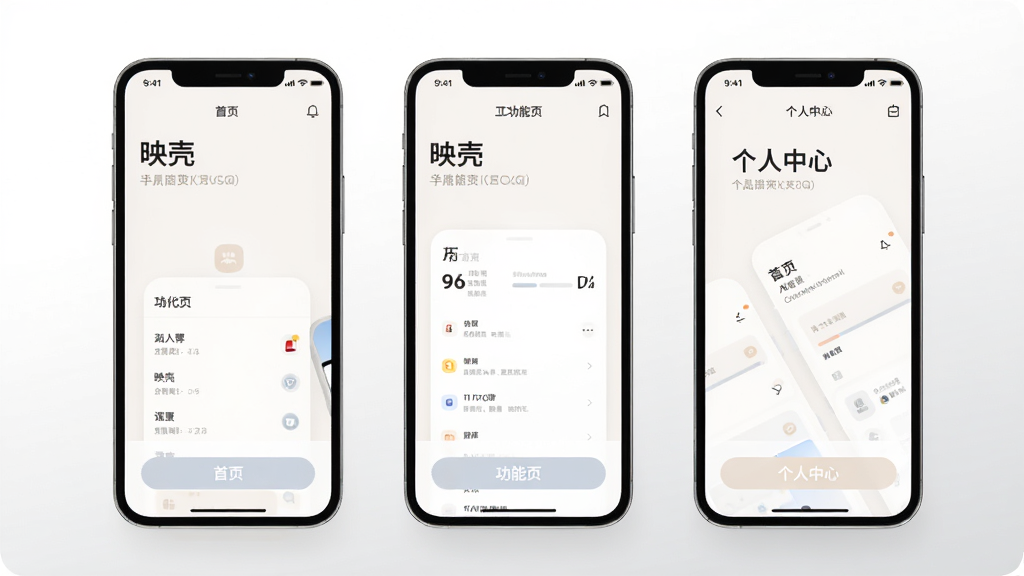 “映壳”应用界面排版展示,画面中并排展示三个手机屏幕,分别呈现首页、功能页与个人中心页,界面风格统一为浅色扁平化,文字清晰,按钮圆润,整体排版整齐,背景为纯白到浅灰渐变,画质干净,无杂乱元素。