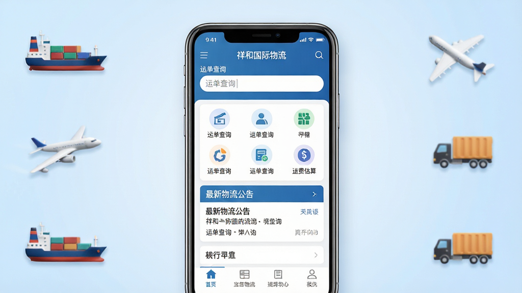 祥和国际物流手机应用主界面全貌展示,画面中央是一部现代智能手机,屏幕内显示祥和国际物流APP的首页布局,包含运单查询输入框、功能图标导航区、最新物流公告栏以及底部菜单栏;背景为干净的浅蓝色渐变商务风格,周围环绕小型货轮、飞机、货车等物流元素图标作为点缀;整体构图居中对称,排版清晰有序,风格简洁专业,细节精致,画质高清,干净无多余元素,图片中文字内容必须加引号如