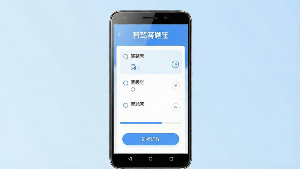 一张展示智驾答题宝手机应用界面的预览图,画面中央放置一部竖屏安卓手机,手机屏幕显示答题练习页面,顶部有“智驾答题宝”文字标题,屏幕内显示选择题选项与进度条,背景为浅蓝色渐变,布局简洁居中,风格为清爽科技风,细节包含手机边框高光、屏幕轻微反光、按钮圆角,画质清晰干净无多余元素