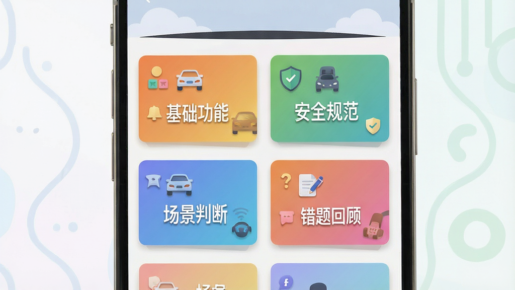 一张表现智驾答题宝题库分类功能的示意图,画面主体为手机屏幕显示多个彩色分类卡片,卡片上写有“基础功能”“安全规范”“场景判断”“错题回顾”等文字,布局采用网格排列,风格为扁平化插画风,细节包含卡片阴影、图标点缀、背景淡雅,画质清晰干净无多余元素