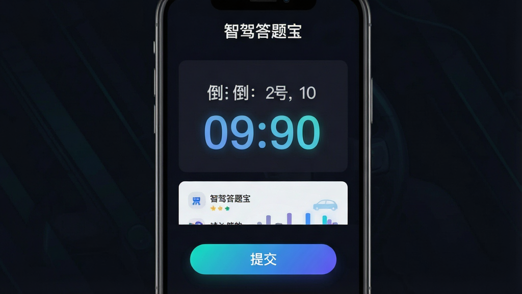 一张展示智驾答题宝模拟考试界面的图片,手机屏幕中央显示倒计时数字和答题卡,下方有“提交”按钮,屏幕上方有“智驾答题宝”文字标识,背景为深色模式,布局突出计时与题号,风格为现代简约科技感,细节包含数字发光效果、按钮渐变,画质清晰干净无多余元素