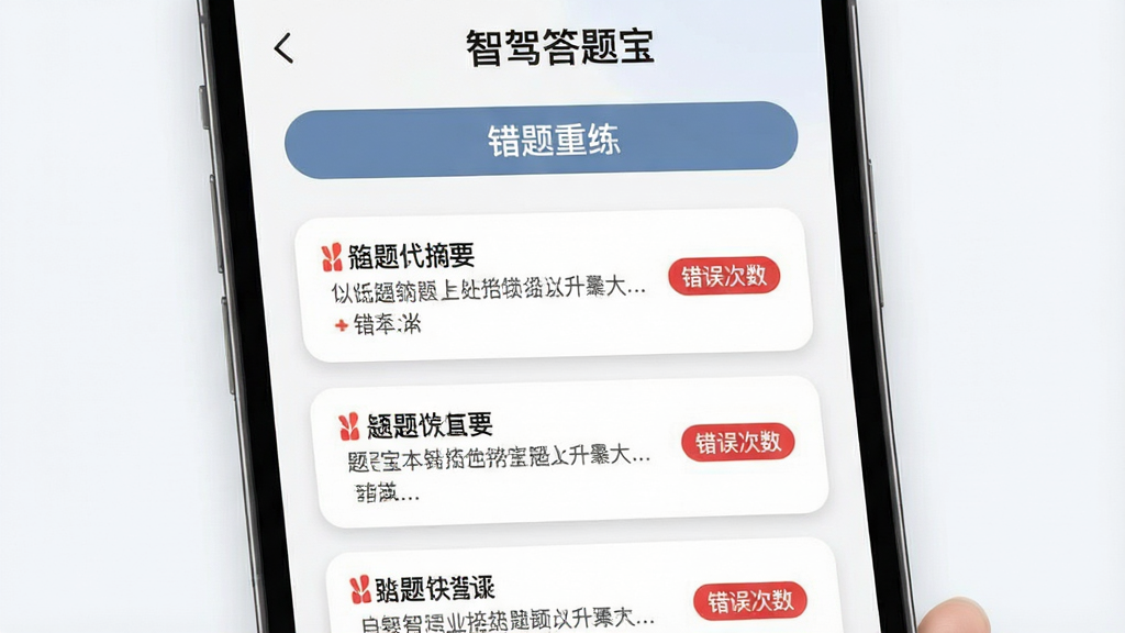 一张表现智驾答题宝错题本功能的界面图,手机屏幕显示错题列表,每条记录包含题目摘要和错误次数标签,顶部有“错题重练”按钮,屏幕上方显示“智驾答题宝”名称,布局为纵向列表,风格为浅色卡片式设计,细节包含红色错误标记、圆角卡片、柔和阴影,画质清晰干净无多余元素