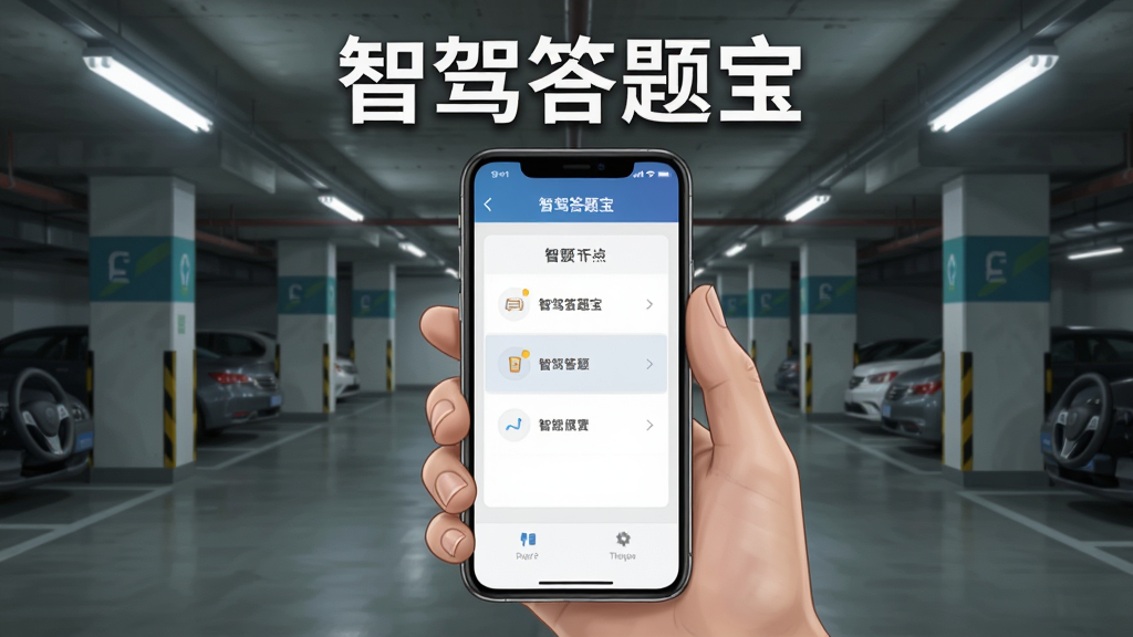 一张展示智驾答题宝离线使用场景的插画,画面主体为一只手拿着手机,手机屏幕显示答题界面,背景为地下停车场环境,手机上方有“智驾答题宝”文字浮层,布局以手机为中心,风格为写实插画风,细节包含停车场灯光、手机屏幕亮度对比,画质清晰干净无多余元素