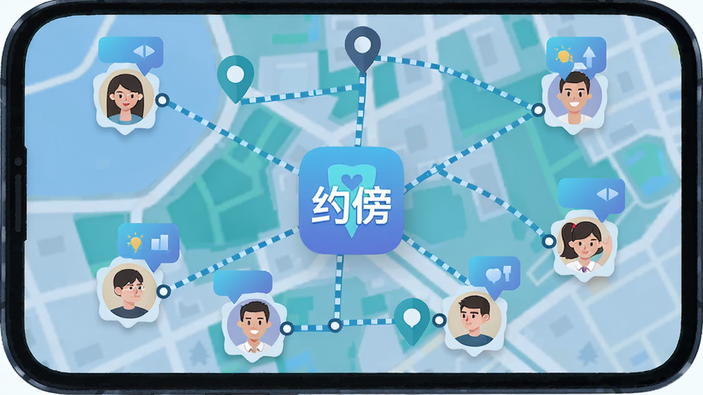 手机屏幕中显示地图上多个头像标记被线条连接,中心是