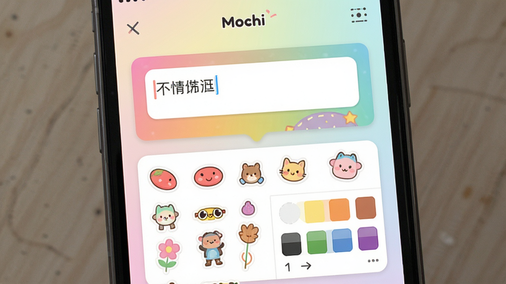 一张展示Mochi字卡传讯软件界面的手机屏幕截图,画面中央是色彩缤纷的卡片编辑界面,包含文字输入框、贴纸选择栏和调色板,背景是柔和的浅色渐变,整体风格清新活泼,UI布局清晰,画质干净无多余元素