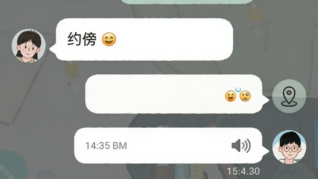 聊天界面截图风格插画,主体是两个人物头像对话框,左侧显示