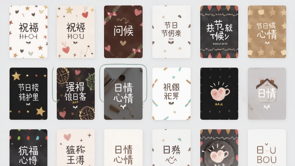 一张Mochi字卡传讯的模板选择界面截图,画面中整齐排列着多张不同风格的字卡缩略图,包括生日祝福、节日问候和日常心情卡片,背景为浅灰色,界面干净整洁,突出模板的多样性与精美度