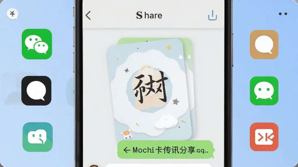 一张展示Mochi字卡传讯分享功能的界面截图,画面中一张精美的字卡正在被分享到聊天窗口,周围有微信、QQ等社交平台图标,背景为柔和的蓝色渐变,整体风格简洁明快