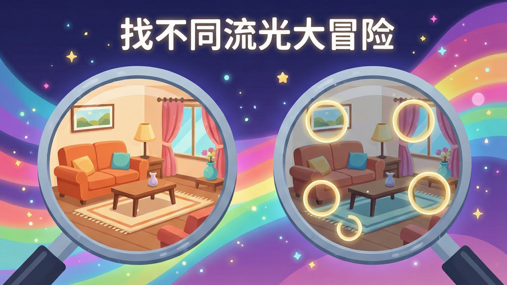 一幅横向构图的手机游戏场景插画,画面中央是两块并排的圆形放大镜,左侧放大镜内显示温馨客厅场景,右侧放大镜内显示同一客厅但有三处细微差异被淡金色光圈标注,背景是流动的彩色光带与星点粒子,画面顶部居中位置用白色发光字体写着“找不同流光大冒险”,整体布局左右对称,风格为休闲梦幻的扁平插画,细节包含沙发、台灯、花瓶、窗帘、地毯,画质清晰干净,无多余元素
