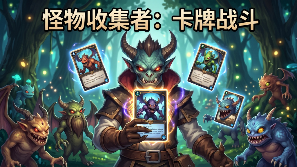 一幅奇幻风格的卡牌对战场景插画,画面中央是一位怪物收集者手持发光卡牌,周围环绕着形态各异的怪物,背景是神秘的魔法森林,主体突出人物与卡牌,布局采用中心对称构图,排版上方为游戏标题文字,风格为日系奇幻卡牌游戏画风,细节包含卡牌上的怪物图案、魔法光效、森林中的光斑,画质高清、干净、无多余元素,图片中文字为“怪物收集者:卡牌战斗”