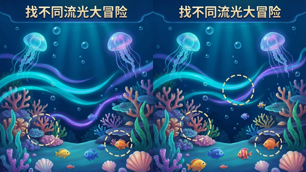 一幅竖版手机屏幕截图风格插画,画面展示深海主题找不同关卡,背景是深蓝色海水与发光水母,画面中漂浮着流动的青色与紫色光带,左右两幅画面并排显示珊瑚礁场景,其中三处差异用淡金色虚线圆圈标出,画面顶部有“找不同流光大冒险”字样,风格为唯美梦幻的2D游戏画面,细节包含气泡、海草、小鱼、贝壳,画质高清干净,无多余元素