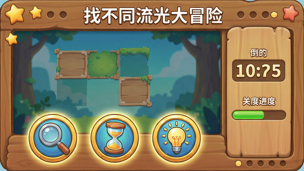 一幅手机游戏界面插画,画面中央是找不同关卡场景,底部排列着三个圆形道具图标,分别是放大镜、沙漏和灯泡,图标带有金色描边与柔和光晕,画面右侧显示倒计时数字与关卡进度条,顶部居中位置用白色字体写着“找不同流光大冒险”,风格为清爽休闲的UI界面插画,细节包含木质边框、星星装饰、进度圆点,画质清晰干净,无多余元素