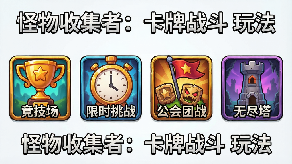 一幅展示怪物卡牌游戏多种玩法模式的宣传插画,画面主体为四个并列的游戏模式图标,分别代表竞技场、限时挑战、公会团战、无尽塔,布局采用横向排列排版,风格为色彩鲜明的游戏UI风格,细节包含每个模式的特色元素如奖杯、时钟、旗帜、塔楼,画质高清、干净、无多余元素,图片中文字为“怪物收集者:卡牌战斗 玩法”