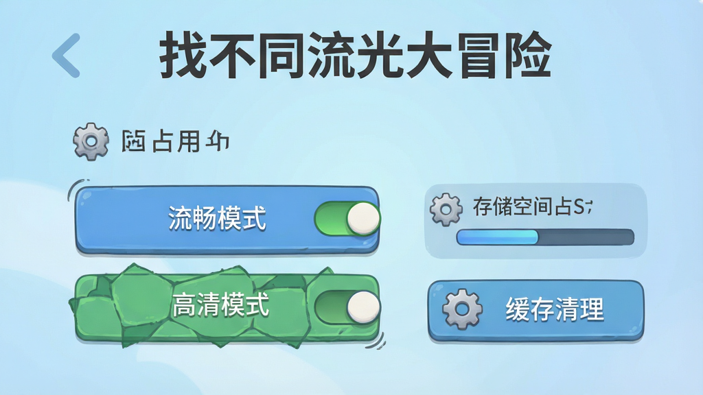 一幅手机游戏设置界面插画,画面展示画质调节选项,包含流畅模式与高清模式两个按钮,旁边有存储空间占用显示与缓存清理按钮,背景是柔和的浅蓝色渐变,画面顶部用深灰色字体写着“找不同流光大冒险”,风格为简洁实用的工具类UI插画,细节包含开关按钮、进度条、齿轮图标,画质清晰干净,无多余元素