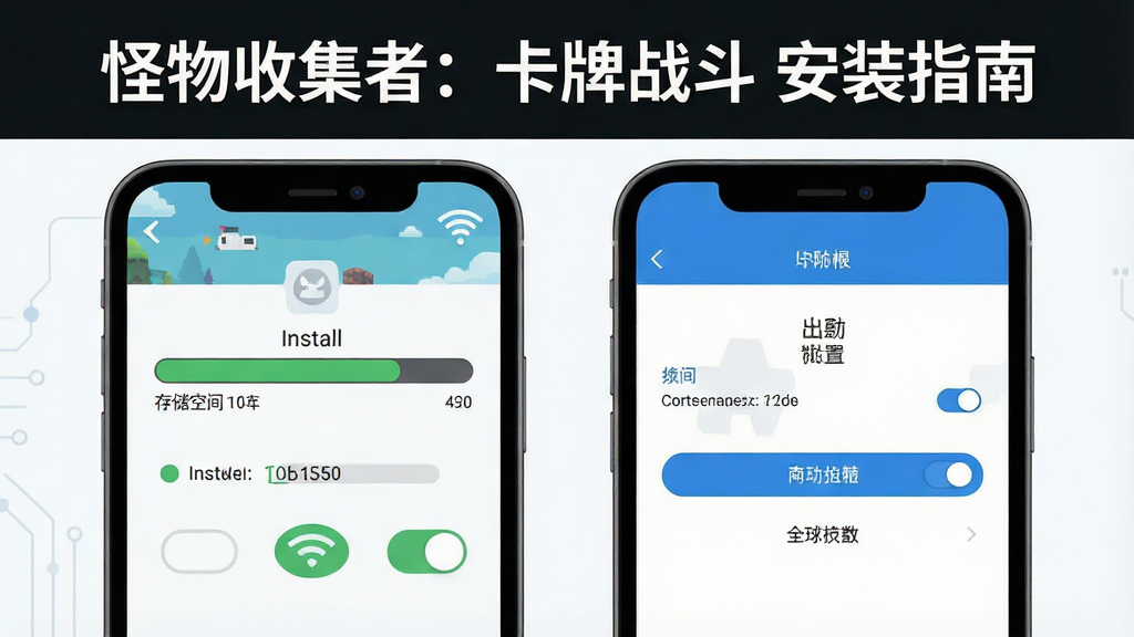 一幅展示手机游戏安装与运行优化的示意图,画面主体为一部智能手机屏幕显示游戏安装进度条和权限设置界面,布局采用上下结构排版,风格为简洁扁平化科技风格,细节包含存储空间指示、WiFi图标、权限开关按钮,画质高清、干净、无多余元素,图片中文字为“怪物收集者:卡牌战斗 安装指南”