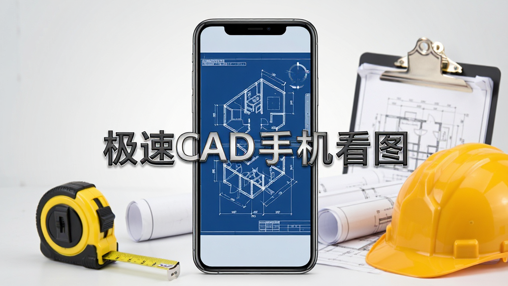 极速CAD手机看图软件主界面展示,画面中央是一部智能手机,手机屏幕上显示着清晰的CAD建筑图纸,图纸上有蓝色和白色的线条结构,手机周围环绕着卷尺、安全帽、图纸夹等工程元素,背景为浅灰色渐变,整体风格简洁商务,构图居中,画质清晰,干净无多余元素,图片中文字标注“极速CAD手机看图”