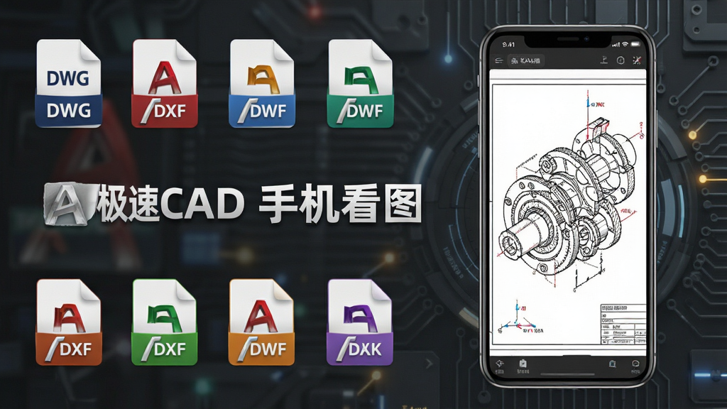 极速CAD手机看图格式兼容功能展示,画面左侧是多种CAD文件格式图标排列,包括DWG、DXF、DWF等,右侧是一部手机屏幕显示打开后的复杂机械图纸,图纸线条精细清晰,背景为深灰色科技感风格,构图左右对比,画质高清,干净无多余元素,图片中文字标注“极速CAD手机看图”