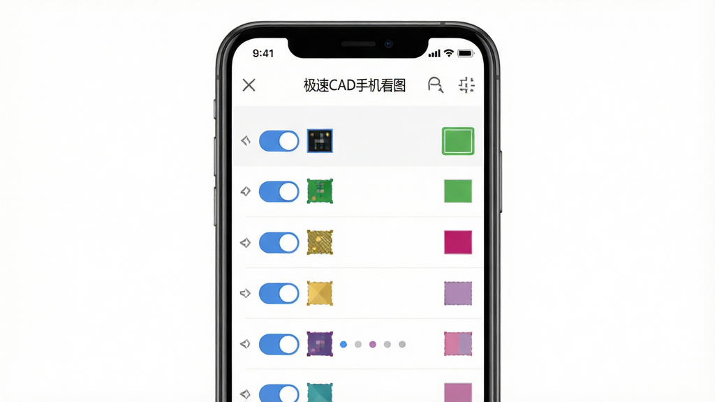 极速CAD手机看图图层管理界面展示,手机屏幕显示图层列表,每个图层前面有开关按钮和颜色标识,背景为白色简洁风格,构图以手机为中心,画质高清,干净无多余元素,图片中文字标注“极速CAD手机看图”