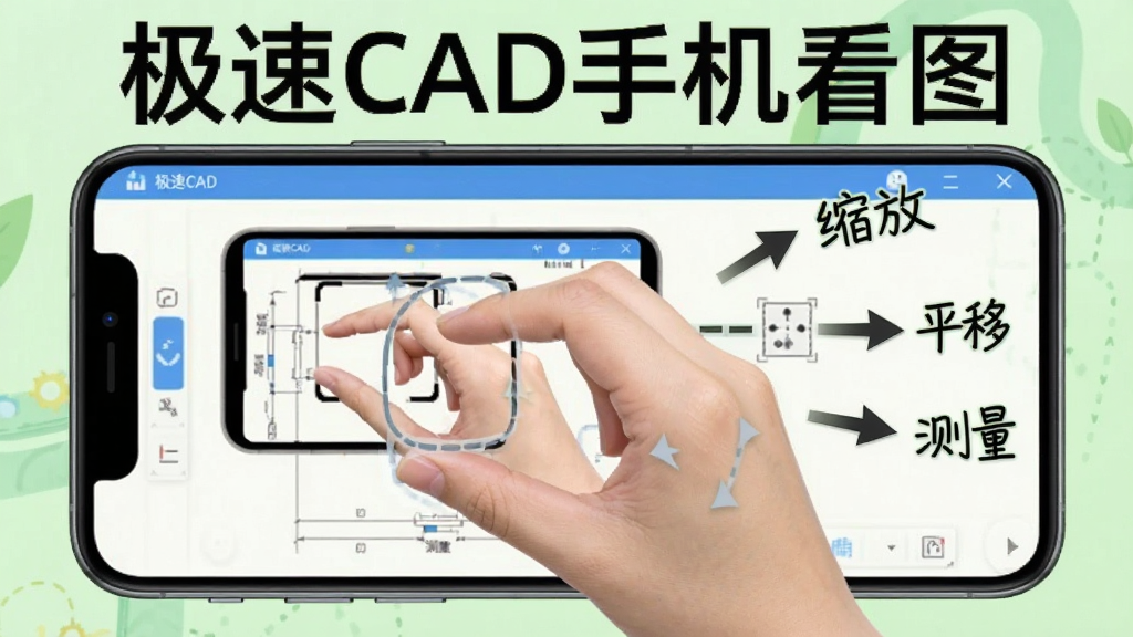 极速CAD手机看图新手操作示意图,画面中一部手机显示软件界面,手指正在做双指捏合缩放动作,旁边有箭头标注“缩放”“平移”“测量”等操作提示,背景为浅绿色清新风格,构图简洁明了,画质清晰,干净无多余元素,图片中文字标注“极速CAD手机看图”