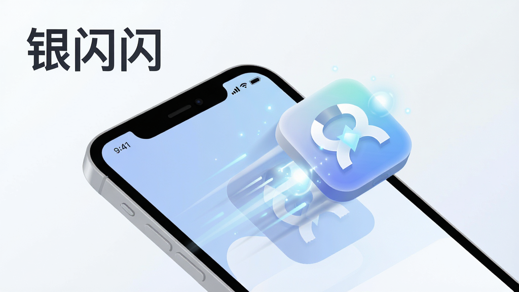 银闪闪安装包轻盈快速启动概念图,主体是手机屏幕中一个轻盈的图标飞入界面,布局为对角线构图,排版为左上角显示
