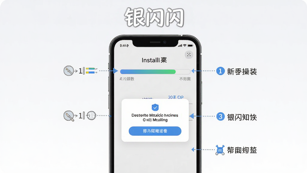 银闪闪新手安装操作示意图,主体为手机屏幕显示安装进度条和权限弹窗,布局为居中展示,排版为顶部显示