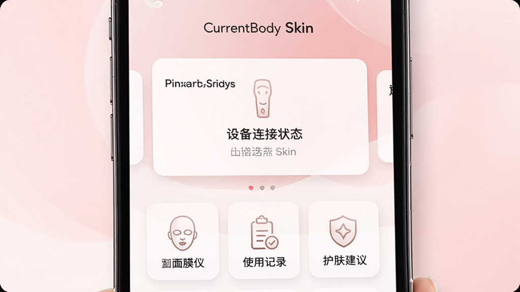 一张展示 CurrentBody Skin 应用界面的图片,主体为手机屏幕显示应用主页面,布局中央是设备连接状态卡片,下方排列着面膜仪控制、使用记录、护肤建议等图标,排版简洁清晰,风格为现代科技感与柔和美容风结合,细节包括淡粉色渐变背景、白色卡片、精致图标,画质高清,干净,无多余元素。