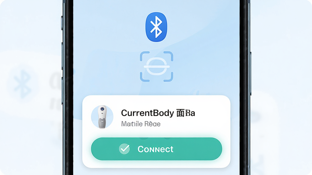 一张展示 CurrentBody Skin 应用蓝牙连接界面的图片,主体为手机屏幕显示搜索到的设备列表,布局上方是蓝牙图标和扫描动画,下方列出 CurrentBody 面膜仪设备名称及连接按钮,排版居中,风格为清新浅色系,细节包括淡蓝色背景、圆角卡片、连接成功的高亮提示,画质高清,干净,无多余元素。