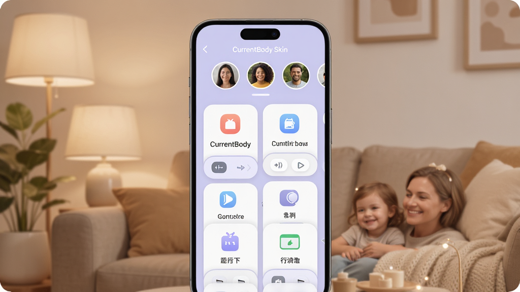 一张展示 CurrentBody Skin 应用多设备管理界面的图片,主体为手机屏幕显示多个设备卡片,布局上方是家庭成员头像切换栏,下方是不同设备的控制入口,排版清晰,风格为柔和圆角风,细节包括淡紫色背景、圆润图标、温馨的家庭氛围,画质高清,干净,无多余元素。