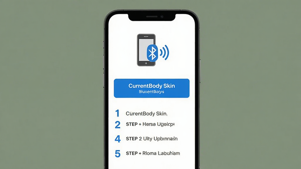 一张展示 CurrentBody Skin 应用连接设备操作步骤的图片,主体为手机屏幕显示连接向导界面,布局上方是设备图标和蓝牙信号,下方是分步操作提示文字,排版简洁,风格为扁平化设计,细节包括白色背景、蓝色按钮、清晰的步骤序号,画质高清,干净,无多余元素。