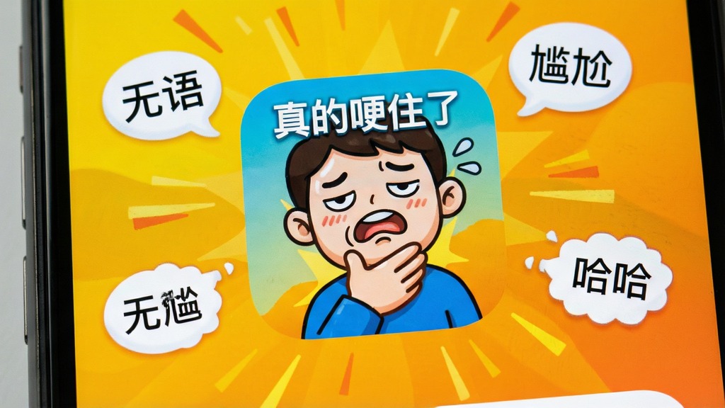 一张手机屏幕特写,画面中央展示“真的哽住了”应用图标和主界面,界面色彩鲜艳,有夸张的卡通人物捂着喉咙做出无语表情,背景是明亮的黄色与橙色渐变,周围散落着“无语”“尴尬”“哈哈”等气泡文字,整体风格轻松搞笑,画质清晰,干净无多余元素