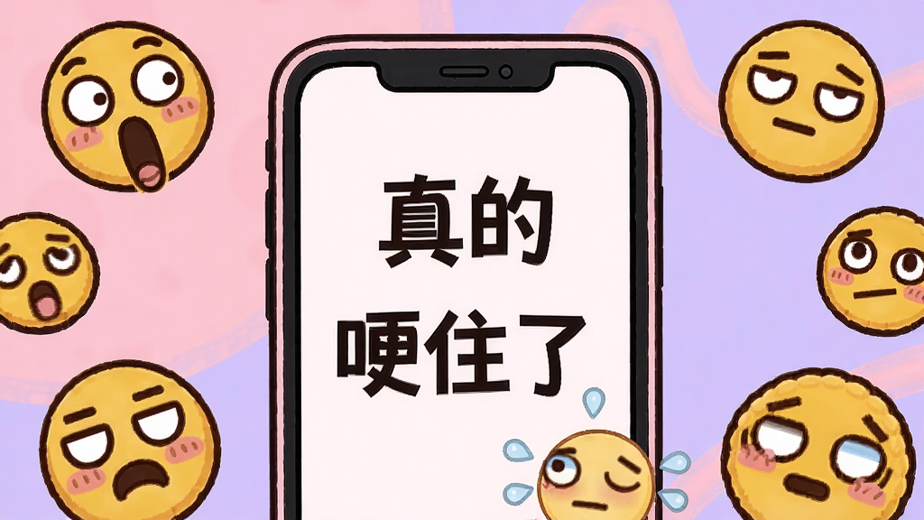 一个卡通风格的手机界面,屏幕中央显示“真的哽住了”字样,周围环绕着各种表情包脸谱,有惊讶、无语、翻白眼等,背景是柔和的粉紫色调,排版错落有致,风格活泼可爱,画质干净,无多余元素