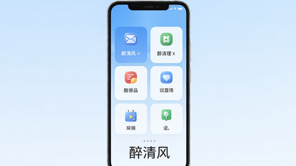 一部安卓手机正面展示醉清风软件界面,屏幕中显示清晰的功能模块卡片布局,背景为淡蓝色渐变,手机下方有软件名称“醉清风”字样,布局居中,风格现代简约,细节上界面图标圆润、文字清晰,画质高清干净,无多余元素