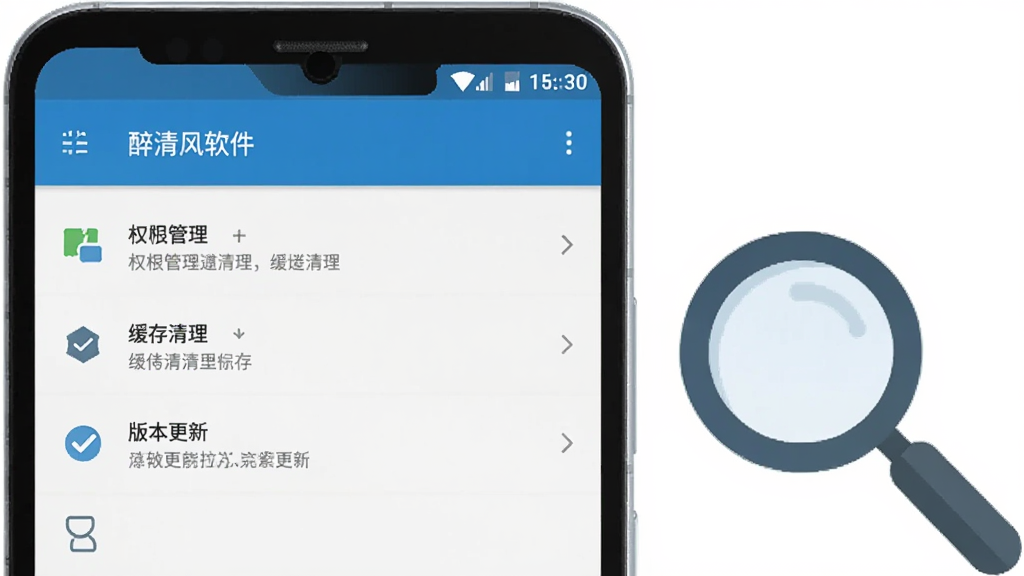 一部安卓手机显示醉清风软件的设置页面,页面中有权限管理、缓存清理、版本更新等选项,手机旁边放置一个放大镜图标象征搜索功能,布局简洁明了,风格扁平化,细节上界面文字清晰可辨,画质高清干净,无多余元素