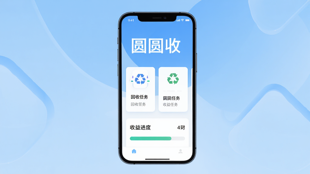 手机屏幕中央展示“圆圆收”应用主界面,界面干净简洁,顶部显示“圆圆收”三个大字,下方排列回收任务卡片与收益进度条,背景为浅蓝色渐变,整体风格清爽现代,扁平化设计,高清画质,无多余元素