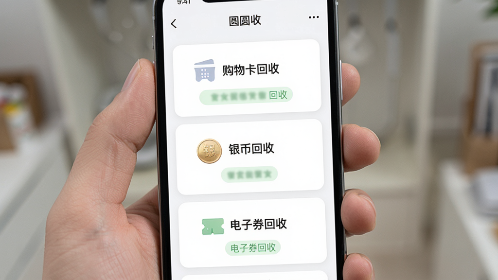 手机应用“圆圆收”界面展示多种回收任务卡片,卡片上标注“购物卡回收”“银币回收”“电子券回收”等字样,背景为白色卡片搭配淡绿色标签,布局整齐,风格简约,高清画质,干净清爽