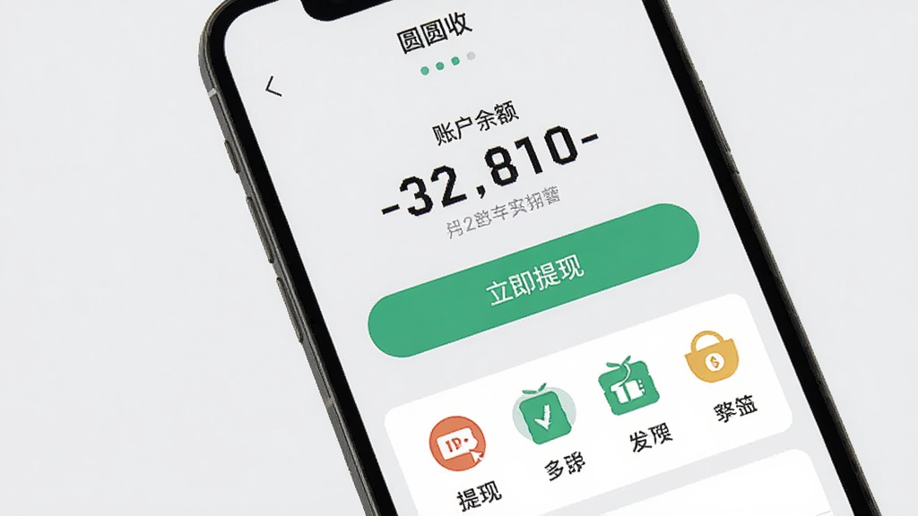 手机屏幕展示“圆圆收”提现页面,页面中央显示账户余额数字与“立即提现”按钮,下方列出多种提现方式图标,背景为浅灰色,界面整洁,扁平化风格,高清画质,无杂乱元素