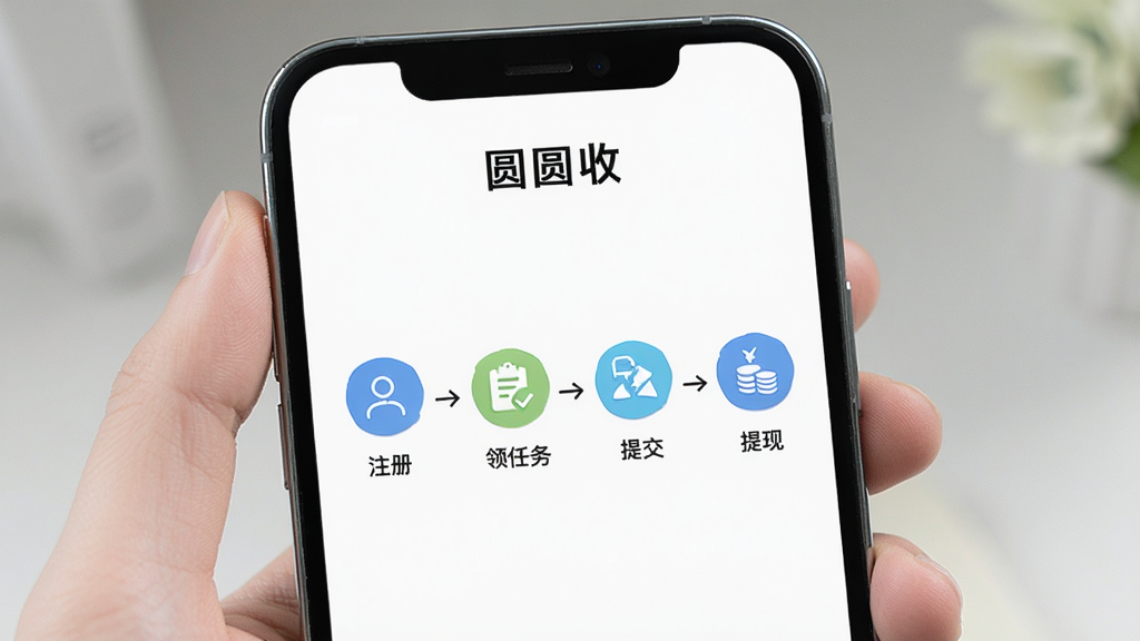 手机界面展示“圆圆收”新手引导页面,页面中央有简洁的步骤图示,标注“注册”“领任务”“提交”“提现”四个步骤,配以箭头连接,背景为白色,风格清新,高清画质,布局清晰
