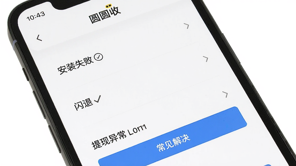 手机屏幕展示“圆圆收”问题排查页面,页面列出“安装失败”“闪退”“提现异常”等常见问题及对应解决按钮,背景为白色,界面清晰,扁平化设计,高清画质,布局合理