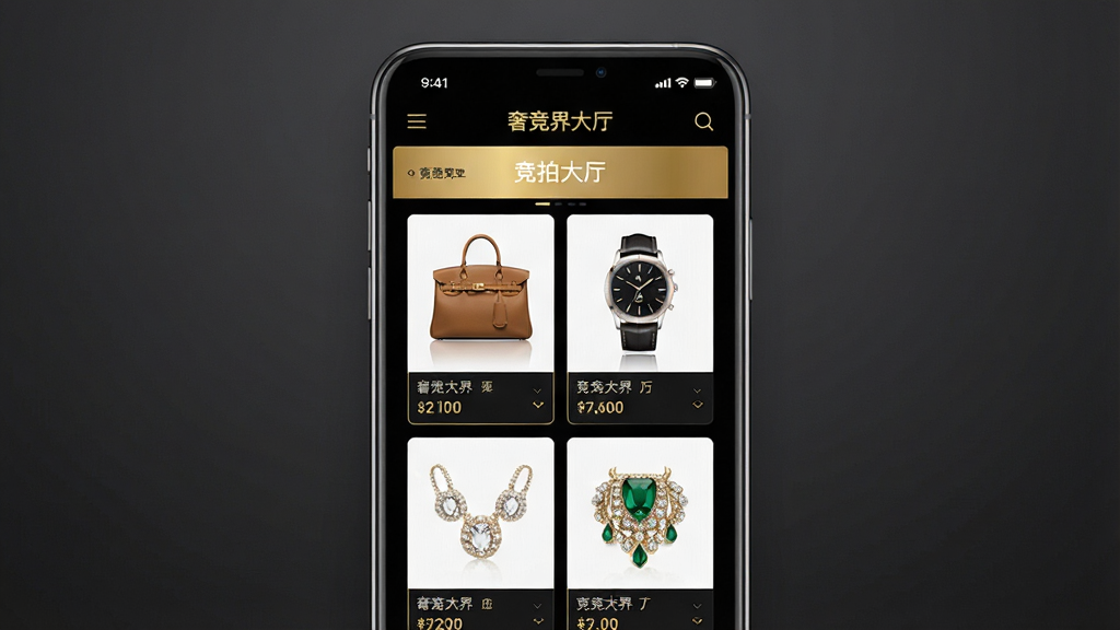一张展示奢竞界App首页的界面截图风格图片,画面中央是一部智能手机,屏幕显示奢竞界竞拍大厅,包含奢侈品箱包、腕表、珠宝等商品缩略图,界面采用黑金配色,高端大气,背景为简约的深灰色渐变,主体突出,布局清晰,风格现代商务,细节精致,画质高清,干净无多余元素