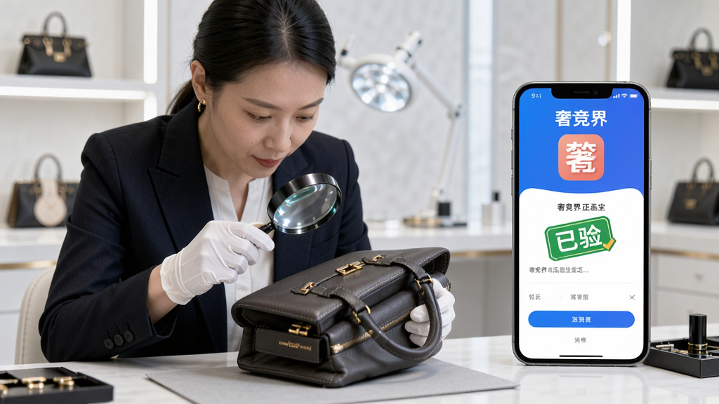 一张表现奢竞界正品鉴定环节的图片,画面中一位专业鉴定师戴着手套,手持放大镜仔细查看一款奢侈品箱包的细节,旁边放置着奢竞界App的界面浮窗,显示“已验”标识,背景为整洁的鉴定工作室,光线明亮,风格写实专业,细节丰富,画质高清,干净无多余元素