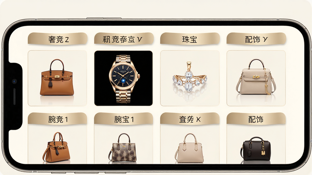 一张展示奢竞界商品分类页面的图片,画面中手机屏幕呈现多个奢侈品分类标签,包括箱包、腕表、珠宝、配饰等,每个分类配有精美的商品小图,界面布局整齐,配色以米白与香槟金为主,风格优雅轻奢,细节清晰,画质高清,干净无多余元素