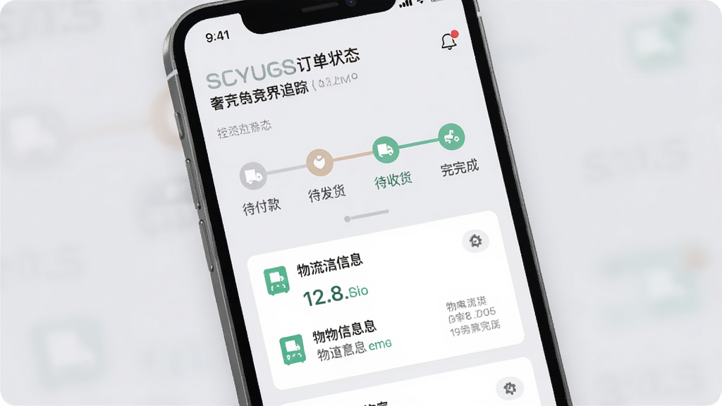 一张展示奢竞界订单追踪页面的图片,画面为手机屏幕显示订单状态进度条,包含待付款、待发货、待收货、已完成等节点,下方有物流信息卡片,界面简洁明了,配色柔和,背景为浅灰色,风格商务实用,细节清晰,画质高清,干净无多余元素