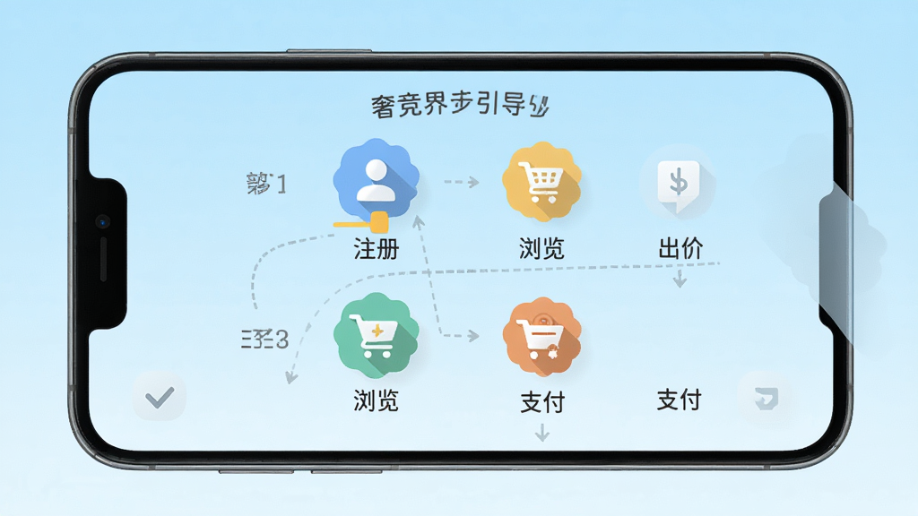 一张展示奢竞界新手引导页面的图片,画面为手机屏幕显示分步操作指引,包含注册、浏览、出价、支付四个步骤图标,界面采用扁平化设计,配色清新,背景为浅蓝色渐变,风格友好易读,细节清晰,画质高清,干净无多余元素